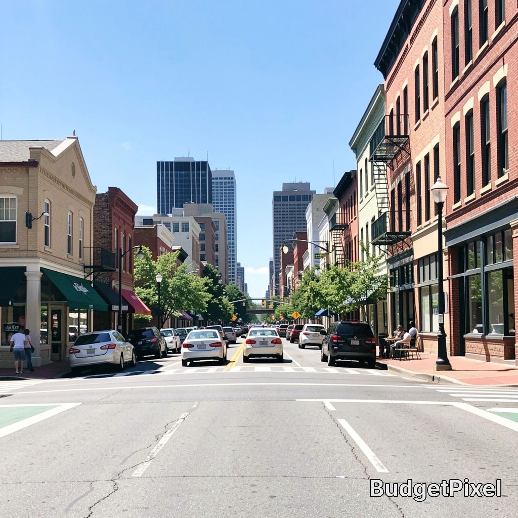 Urban street scene with brick storefronts, parked cars, trees lining the sidewalks, and distant high-rise buildings on a s...