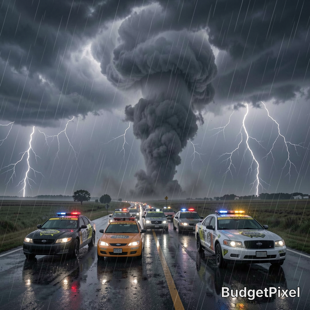 Stormy highway scene with a tornado funnel cloud, heavy rain, and police cars with flashing lights