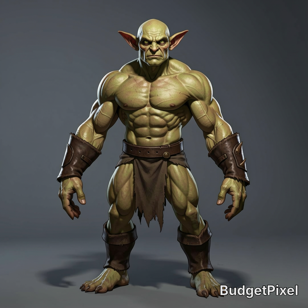 A muscular orc warrior with green skin, brown loincloth, leather bracers, standing in a neutral pose