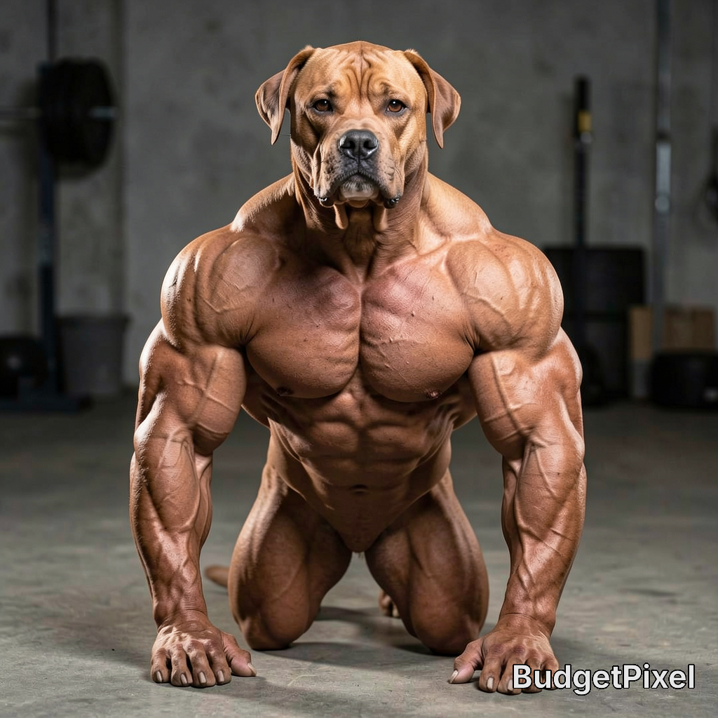 Extremely muscular pit bull-style dog posing on all fours in a gym setting.