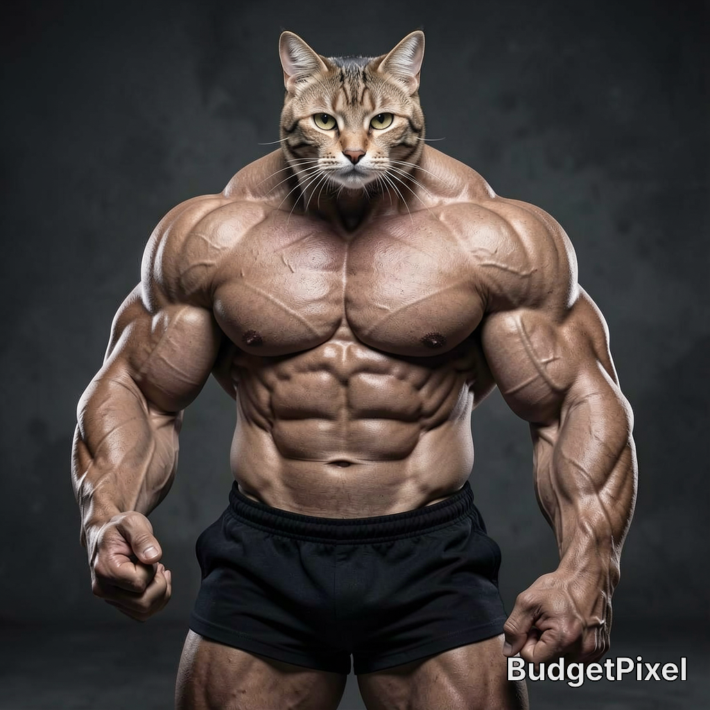 Muscular humanoid body with a cat head wearing black shorts, flexing biceps against a dark backdrop.