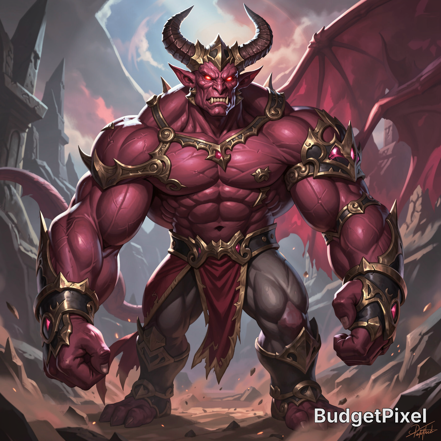 Fierce red demon warrior with horns, muscular torso, armored gauntlets and belt in a fantasy battle scene.