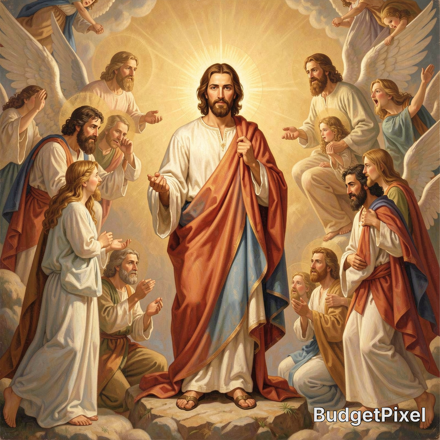 Classical Christian painting of Jesus surrounded by angels, haloed and blessing with radiant light.
