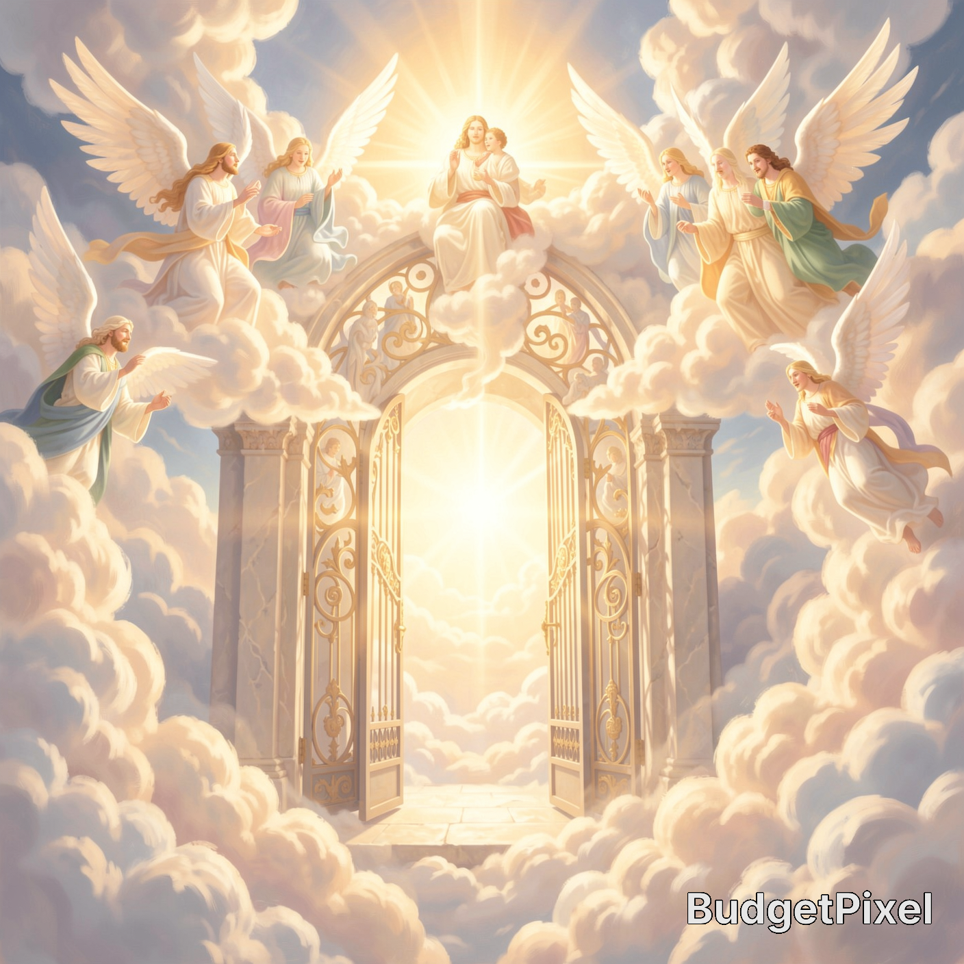 Heavenly scene with an ornate gate surrounded by clouds and angels bathed in radiant light.