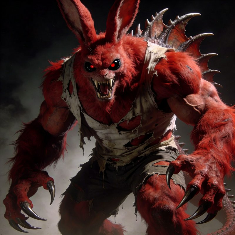 Ferocious red demon-werewolf with jagged claws and torn white bandages.