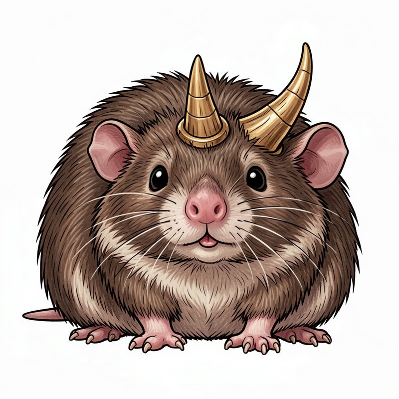 Cute brown rat with a golden unicorn horn in a whimsical cartoon illustration.
