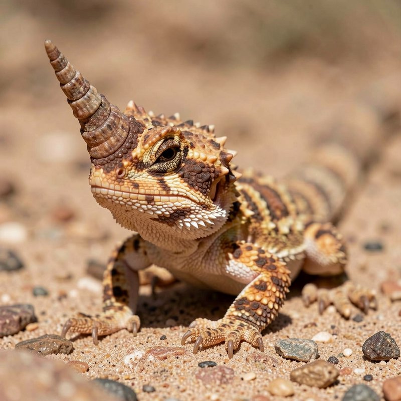 Close-up of a small horned lizard with a spiraled horn on its snout in sandy desert terrain.