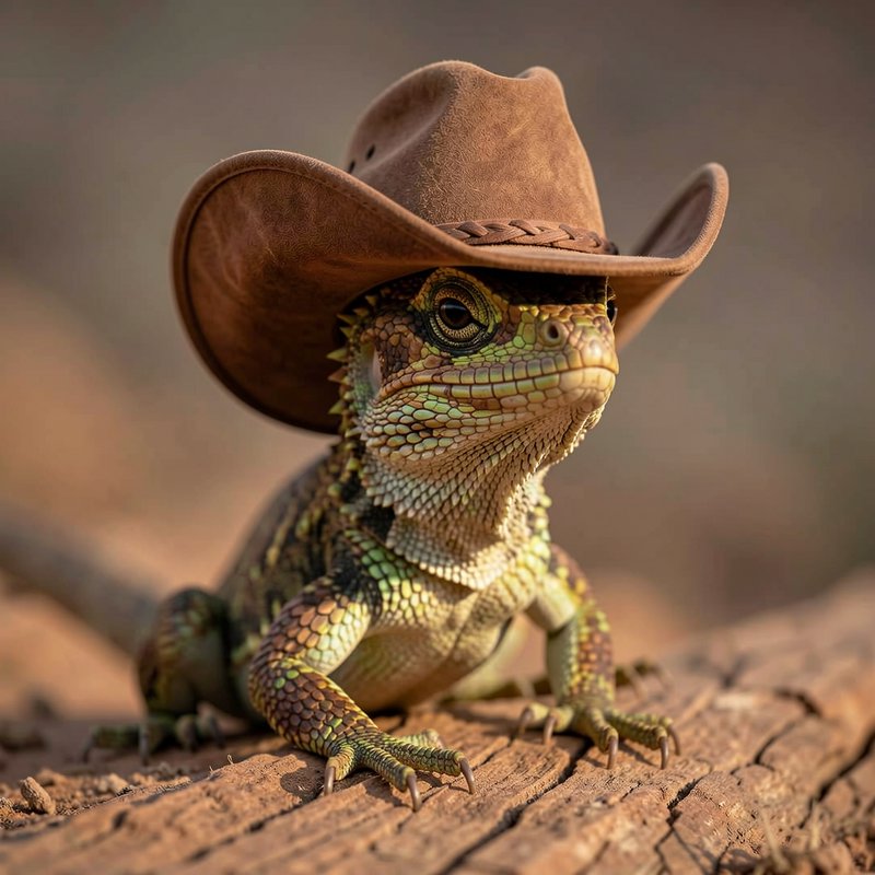 Colorful lizard wearing a brown cowboy hat perched on a log