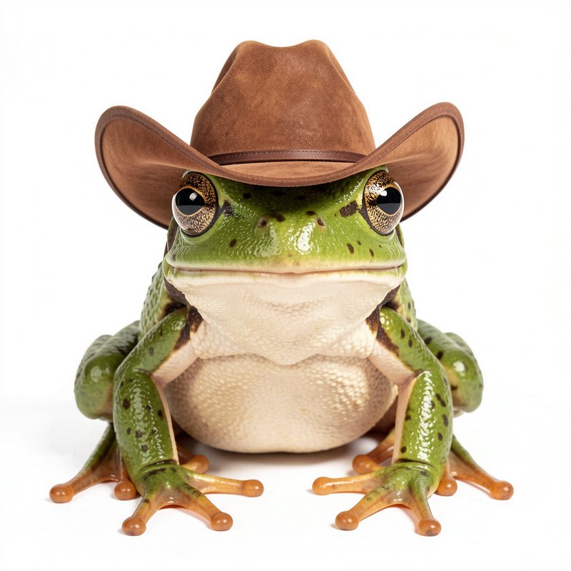 Green frog wearing a brown cowboy hat, facing forward.