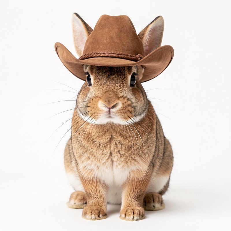 Cute brown rabbit wearing a brown cowboy hat, facing forward.