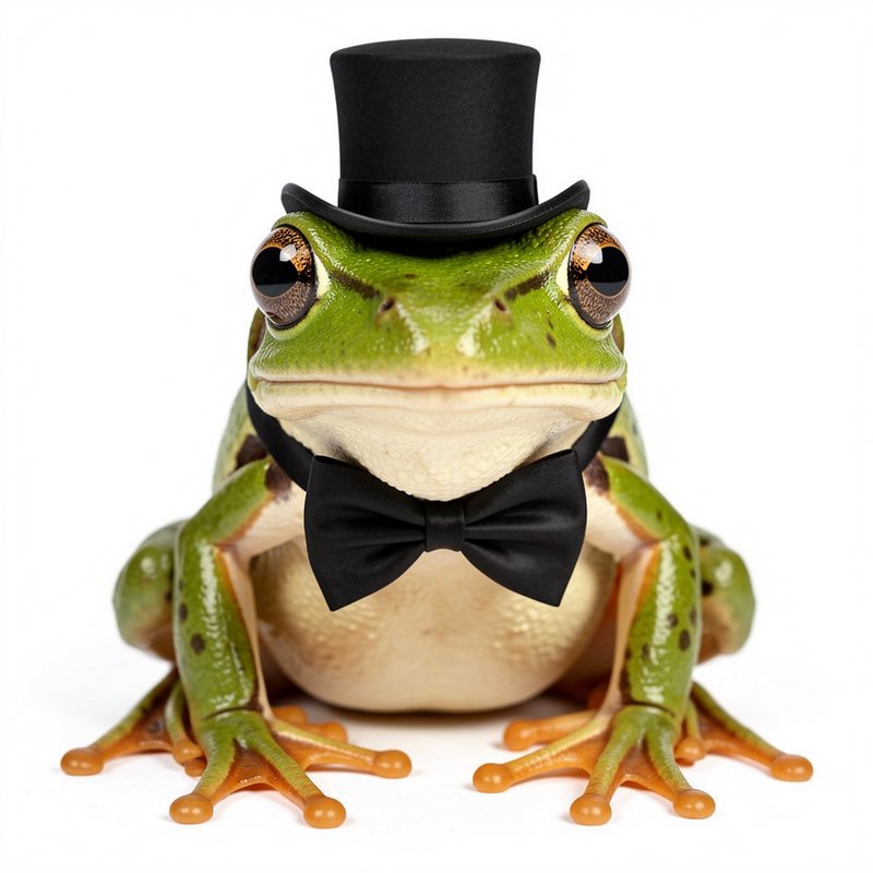 Green frog wearing a black top hat and bow tie, facing the camera.