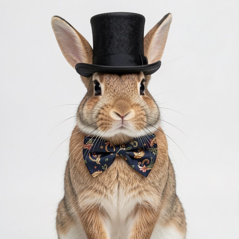 Cute brown rabbit wearing a black top hat and a patterned bow tie against a light background