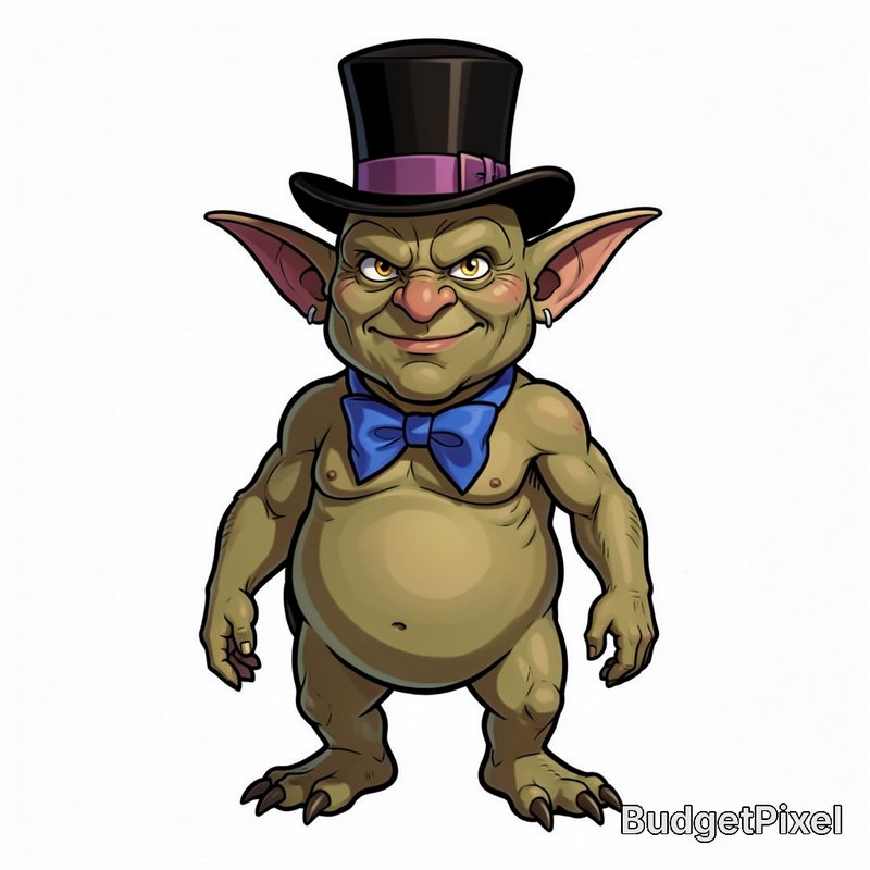 Cartoon goblin wearing a black top hat with a purple band and a blue bow tie