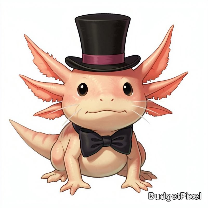 Cute cartoon axolotl wearing a top hat and black bow tie.