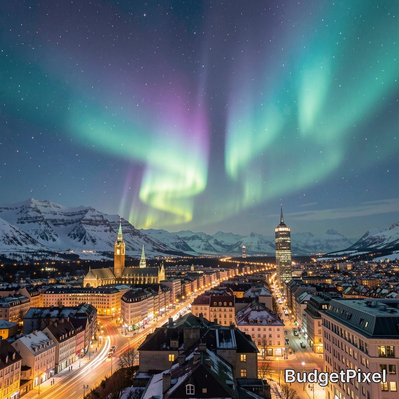 Night cityscape with snow-covered mountains and vibrant aurora borealis lighting the sky above.