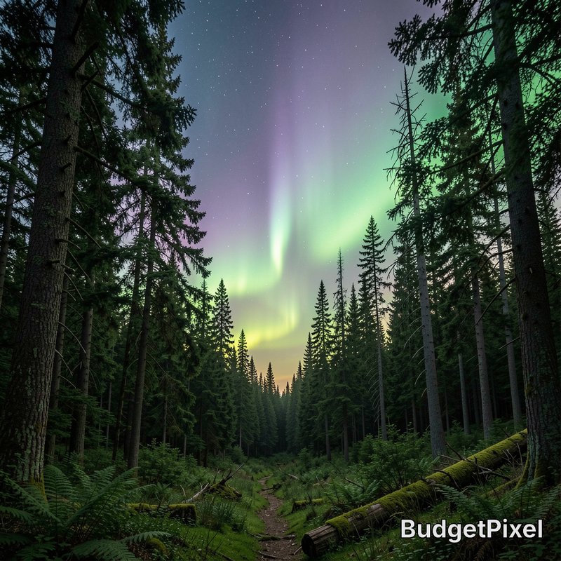 Aurora borealis over a pine forest path at night.