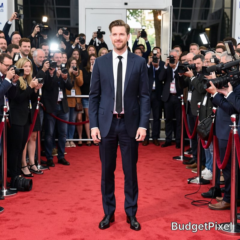 Man in a navy suit posing on a red carpet surrounded by photographers