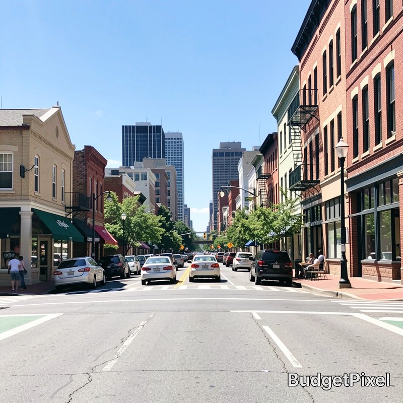 Urban street scene with brick storefronts, parked cars, trees lining the sidewalks, and distant h...