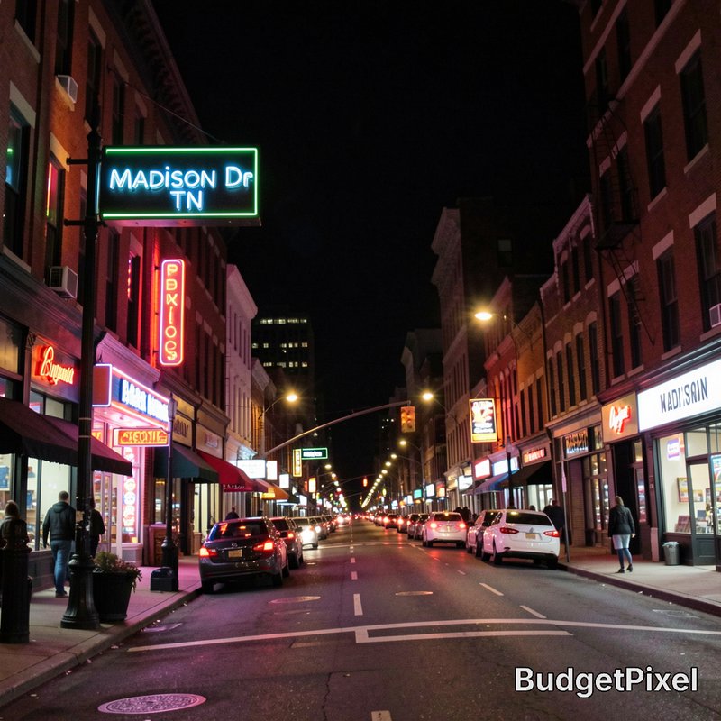 Nighttime city street with neon signs along Madison Dr, Nashville, TN, and parked cars.
