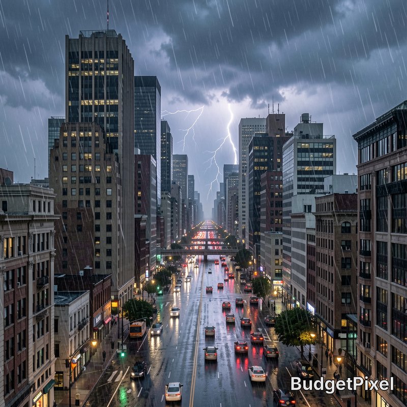 Urban city street during a thunderstorm with lightning and wet, reflective roads.