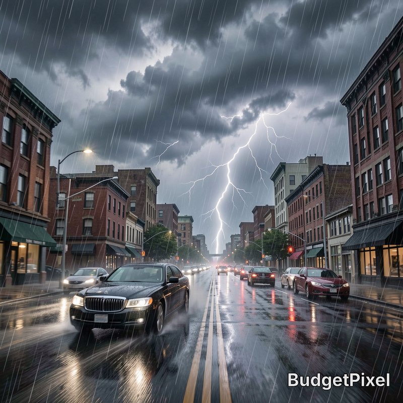 Stormy urban street during heavy rain with a bright lightning bolt over buildings.