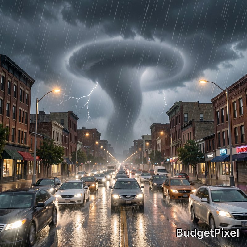 Urban street during heavy rain with a giant tornado funnel overhead in the cloudy sky.