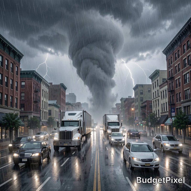 Urban street under a tornado with lightning and heavy rain, trucks and cars in the foreground.