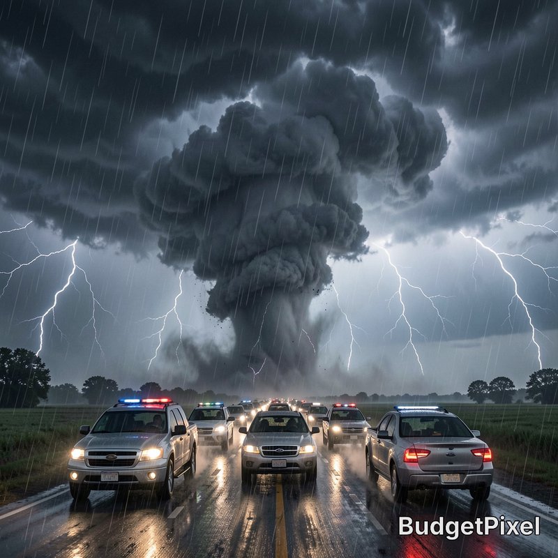 Stormy scene with a tornado-like cloud, heavy rain, and police cars on a wet highway.