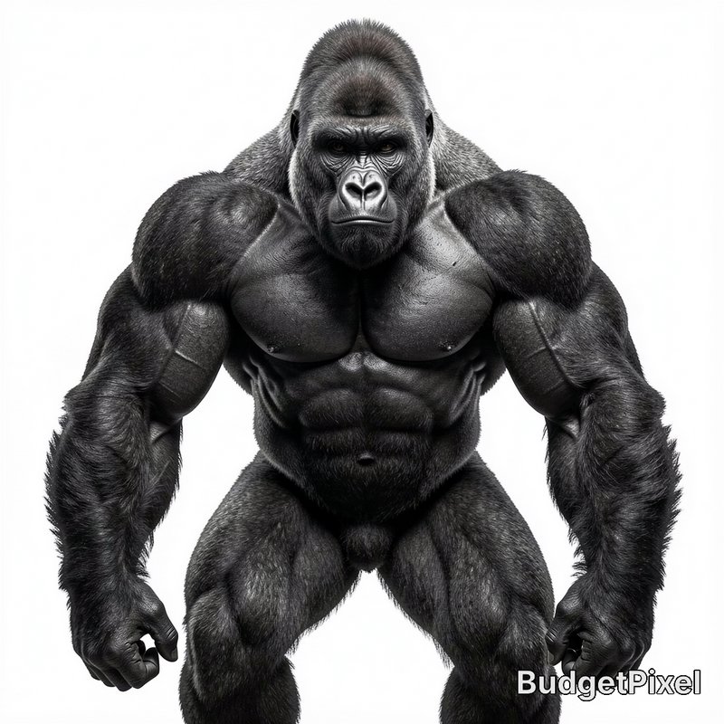 Massive muscular gorilla humanoid figure with dark fur, facing forward.