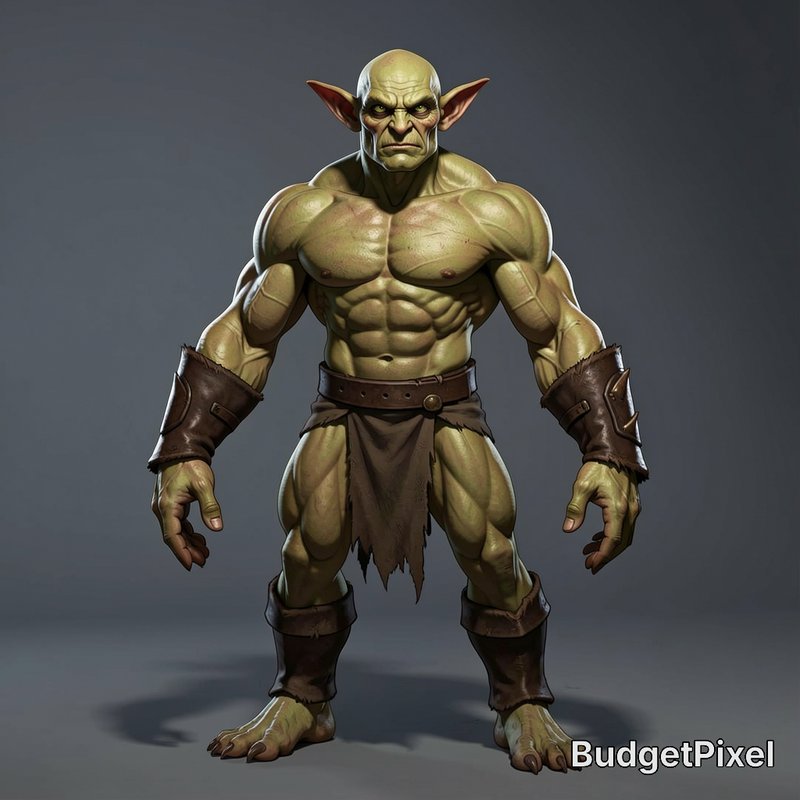 A muscular orc warrior with green skin, brown loincloth, leather bracers, standing in a neutral pose