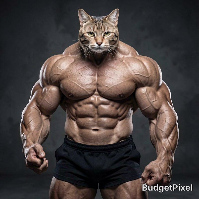 Muscular humanoid body with a cat head wearing black shorts, flexing biceps against a dark backdrop.