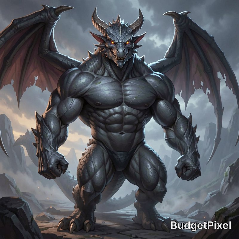 Large muscular dragon humanoid with gray scales, horns, and wings in a rocky, stormy landscape.