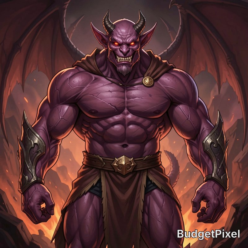 Muscular purple demon with horns and wings, wearing brown loincloth and armor in a fiery lava-lit...