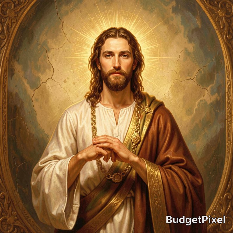 Portrait of Jesus Christ with a golden halo, clasped hands, white robe and brown mantle.