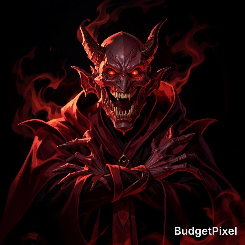 Fiery red demon with horns in a dark cloak, glowing eyes and menacing grin.