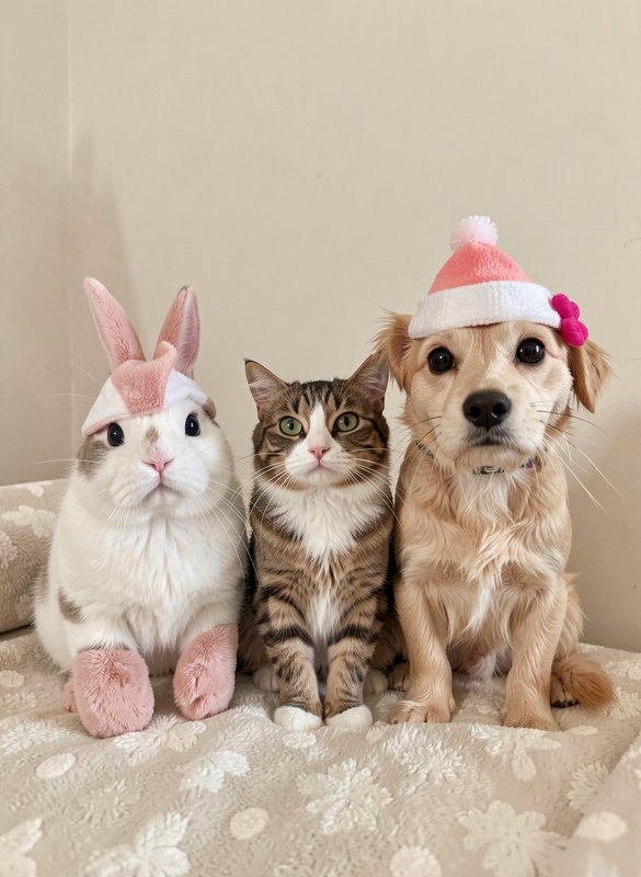 White bunny, tabby cat, and small tan dog sit side-by-side; the bunny and dog wear cute pink hats...