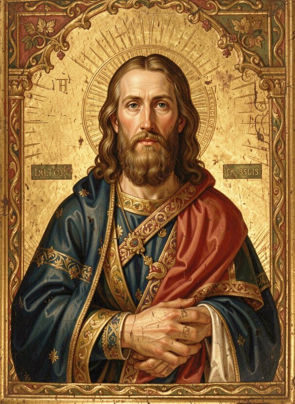 Aged Orthodox religious icon of Jesus Christ with radiant golden halo, ornate gilded frame and ri...
