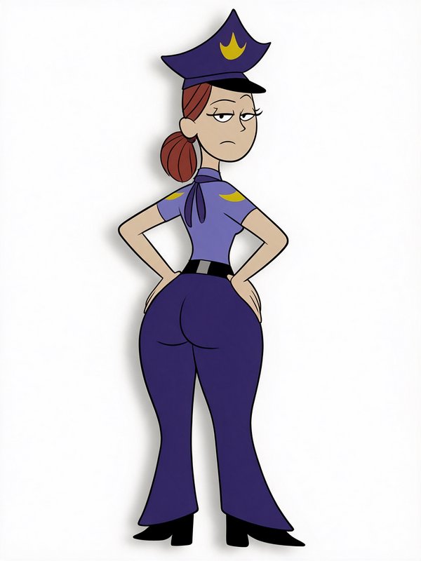 Cartoon female police officer with a skeptical expression stands with hands on hips, looking back...