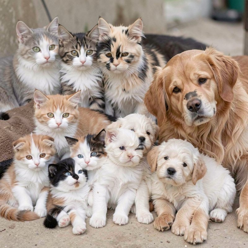 Group of fluffy long-haired kittens, adult golden retriever, and tiny puppies posed closely toget...