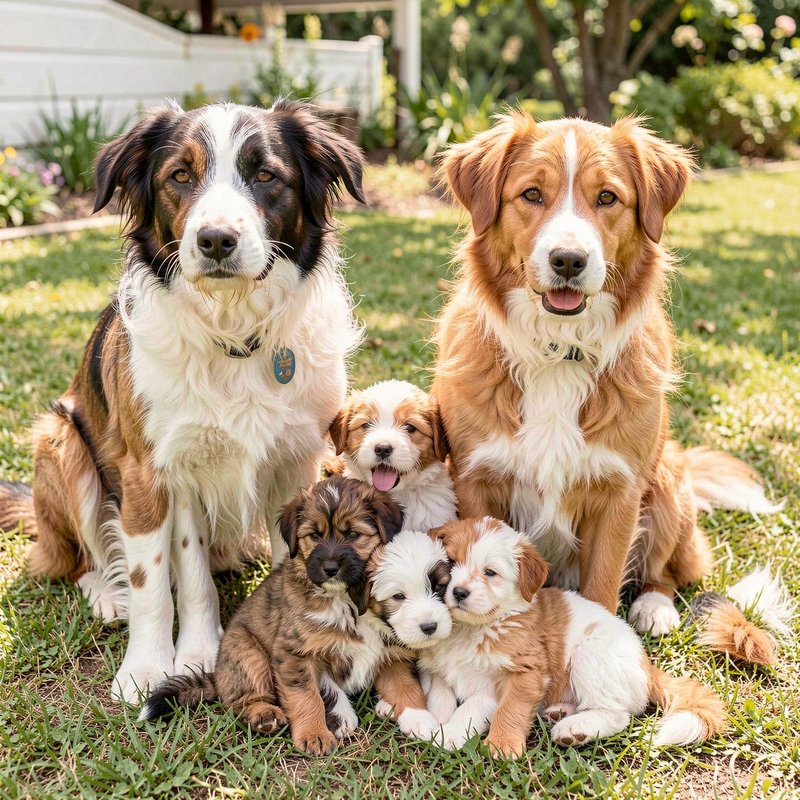 Adorable fluffy dog family with two adult dogs and four tiny puppies posing together on a sunny b...