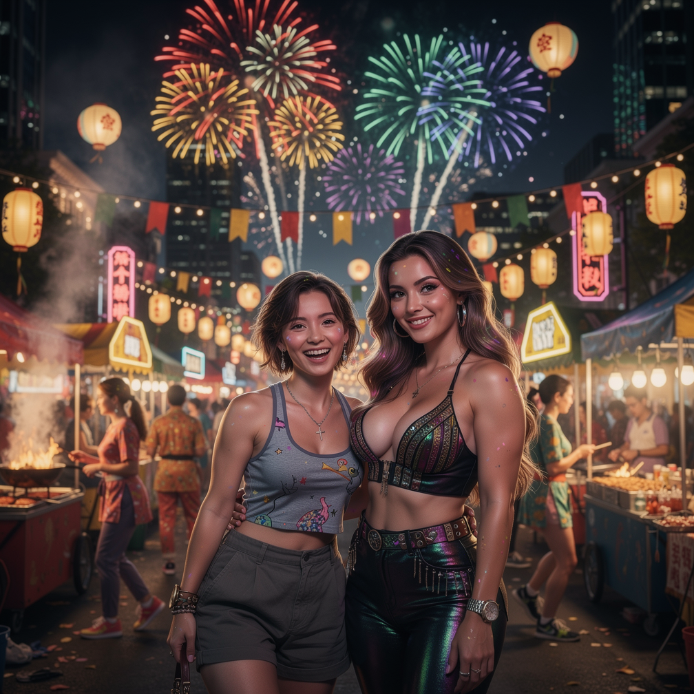 Two stylish women smiling at a vibrant night market with fireworks and lanterns.