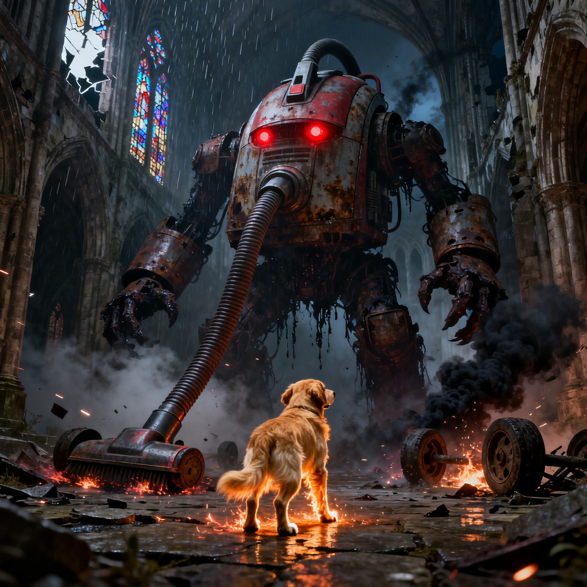Rusty giant robot with glowing red eyes confronts a golden retriever in a ruined cathedral.