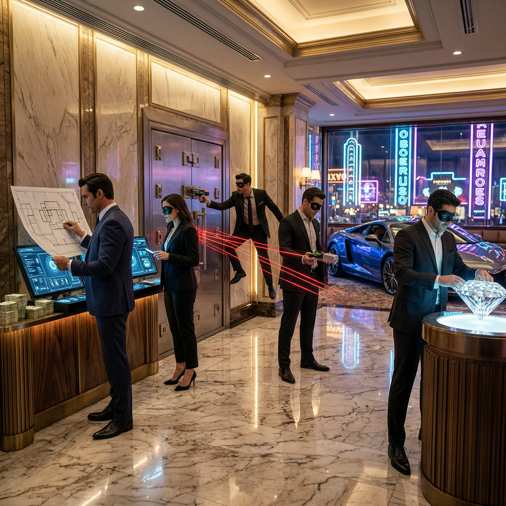 Luxurious casino lobby with suited professionals, holographic lasers, and a neon city backdrop.