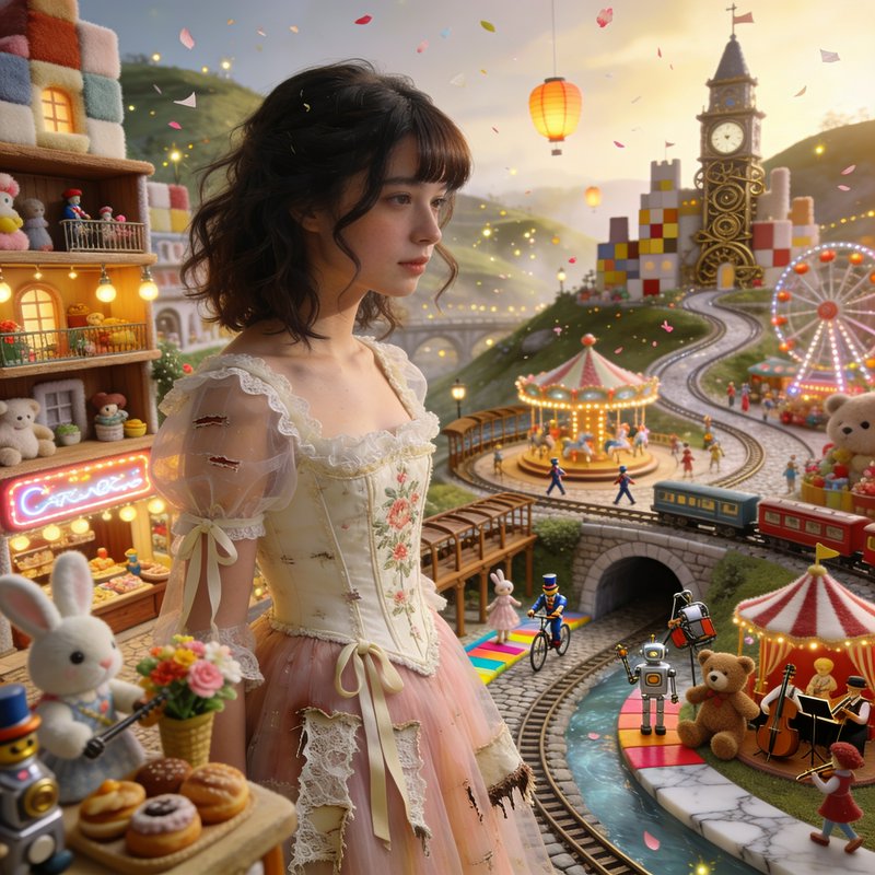 Young woman in a vintage floral corset dress beside a whimsical miniature carnival and train layout.