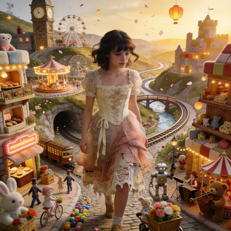 Girl in a pastel Victorian dress walking through a whimsical carnival village with trains and lights.