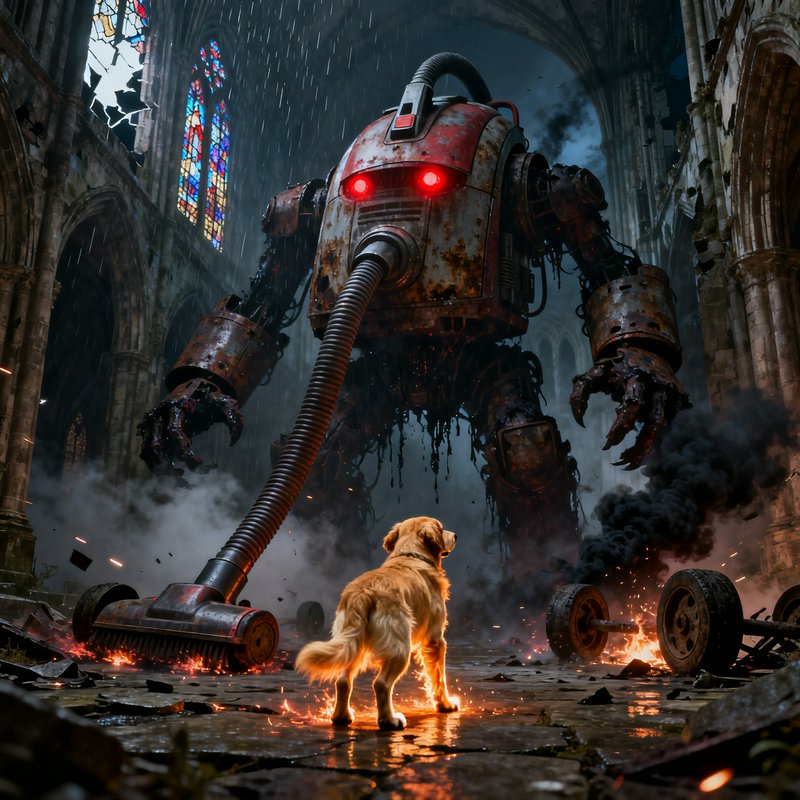 Rusty giant robot with glowing red eyes confronts a golden retriever in a ruined cathedral.