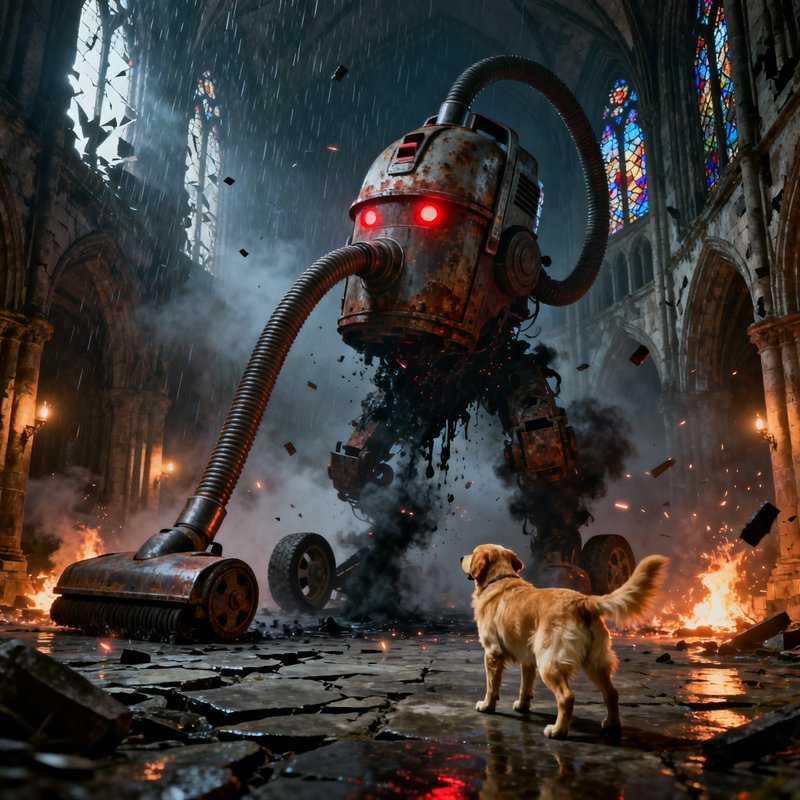 Rusty battle-damaged robot towers over a golden retriever in a ruined cathedral.