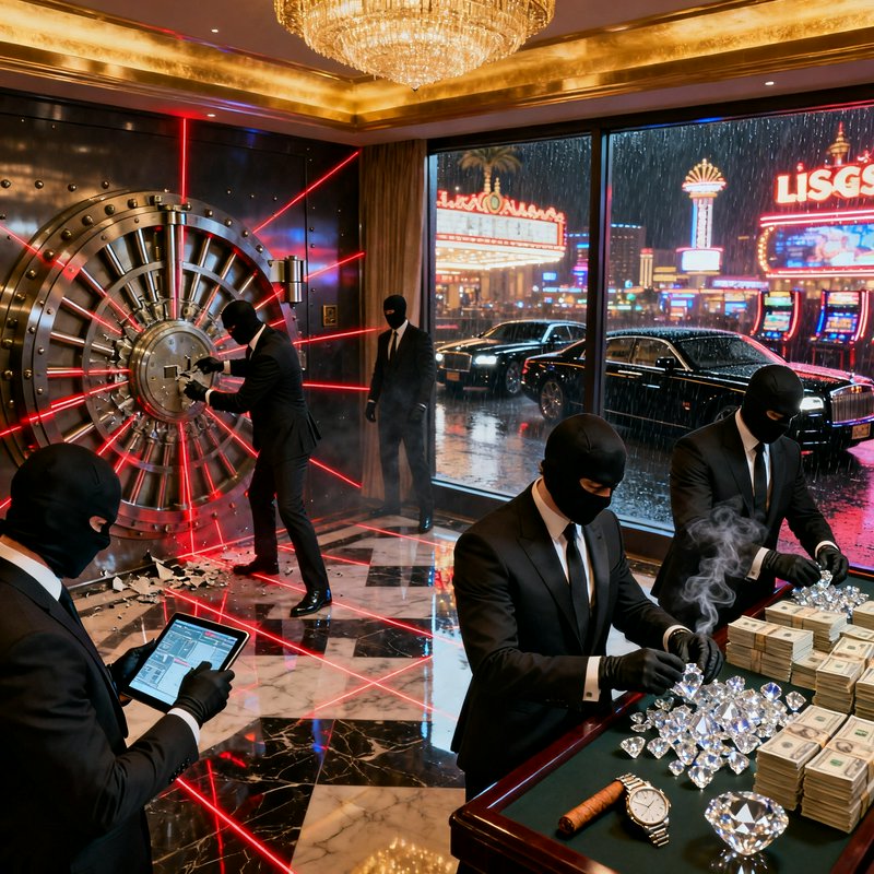Suited masked robbers in a high-security vault with a massive safe, cash piles, and sparkling diamonds under red laser beams.
