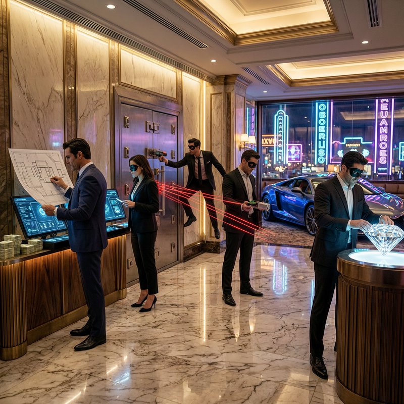 Luxurious casino lobby with suited professionals, holographic lasers, and a neon city backdrop.