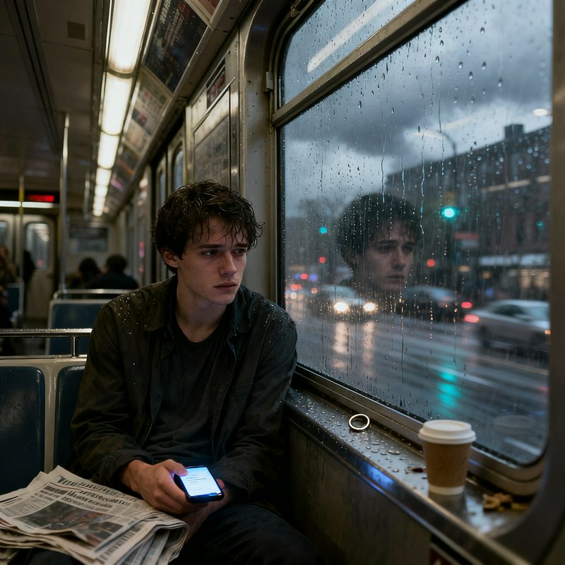 Young man on a rainy city subway train, looking at his phone by the window